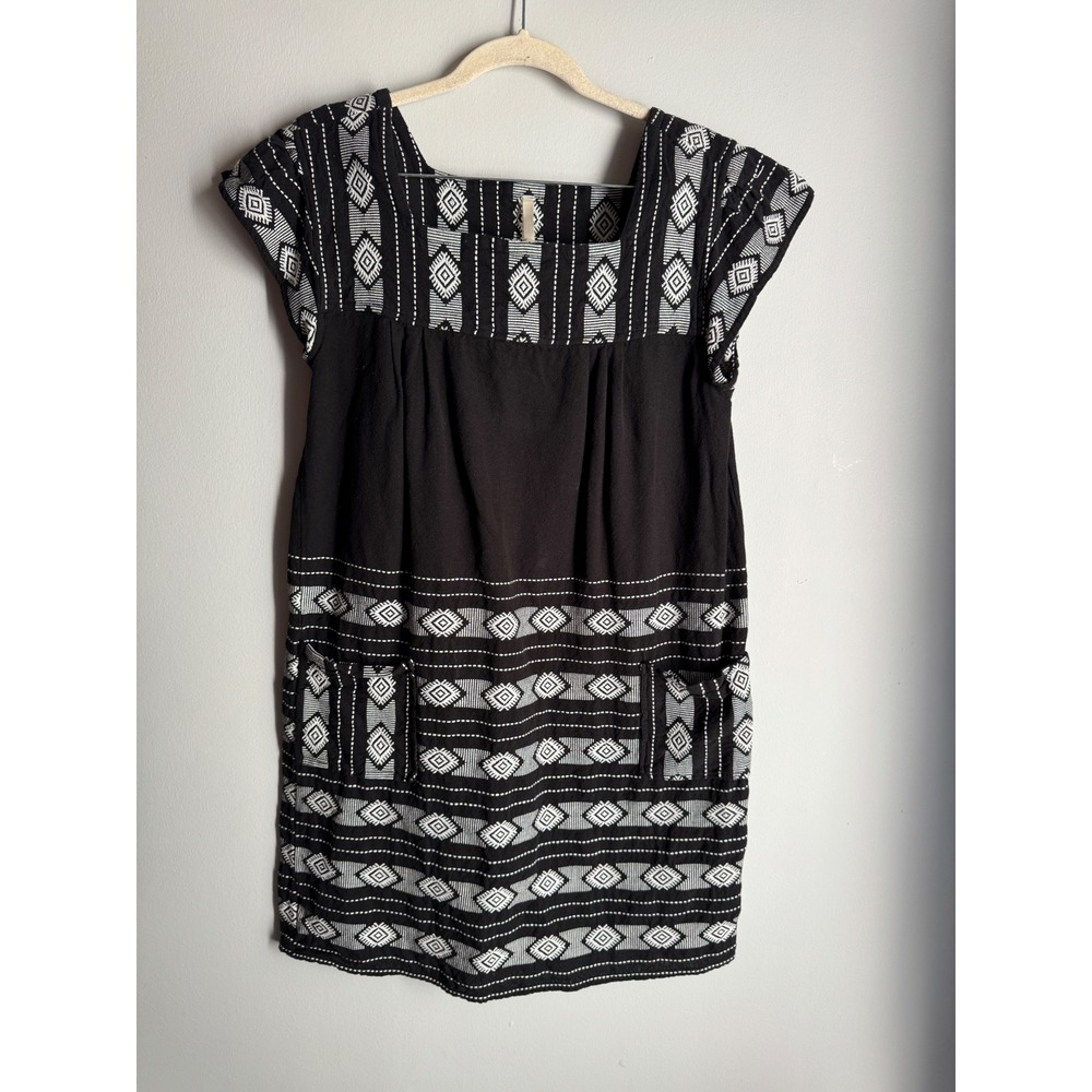 Uncle Frank Black White Geometric Cotton Shift Dress XS Square Neck Pockets